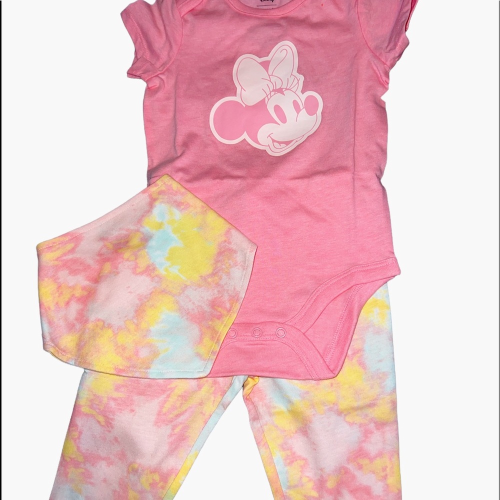 Minnie Mouse 3 Piece outfit NWT 12 months onesie bandanna pants pink tie dye